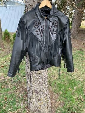 Interstate Leather XL Biker Jacket - Suede Roses Fringe & Liner